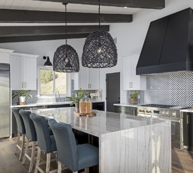 a kitchen with a dining table