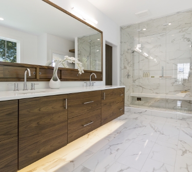 a kitchen with a large window